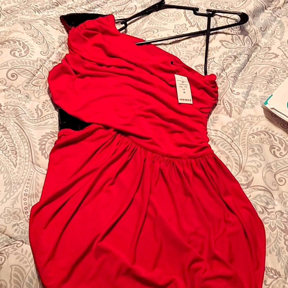 Red Bebe one shoulder dress